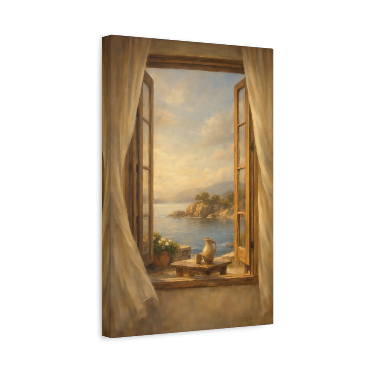 Side Mockup 4. Nature Ocean View Coastal Window Scene shown as stretched canvas wall art