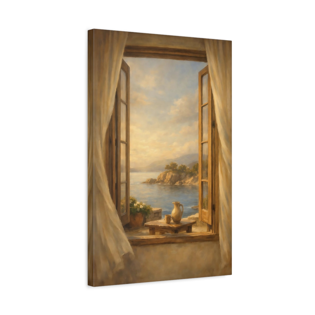 Side Mockup 3. Nature Ocean View Coastal Window Scene shown as stretched canvas wall art