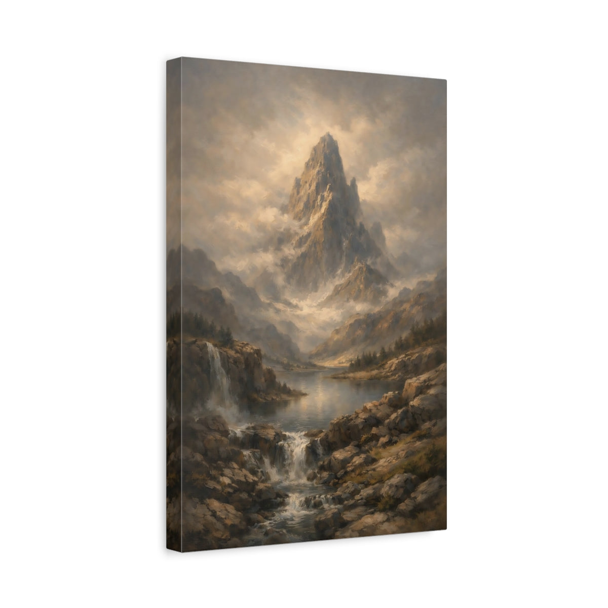 Side Mockup 4. Nature Mountain Peak Misty Mountain Lake shown as stretched canvas wall art