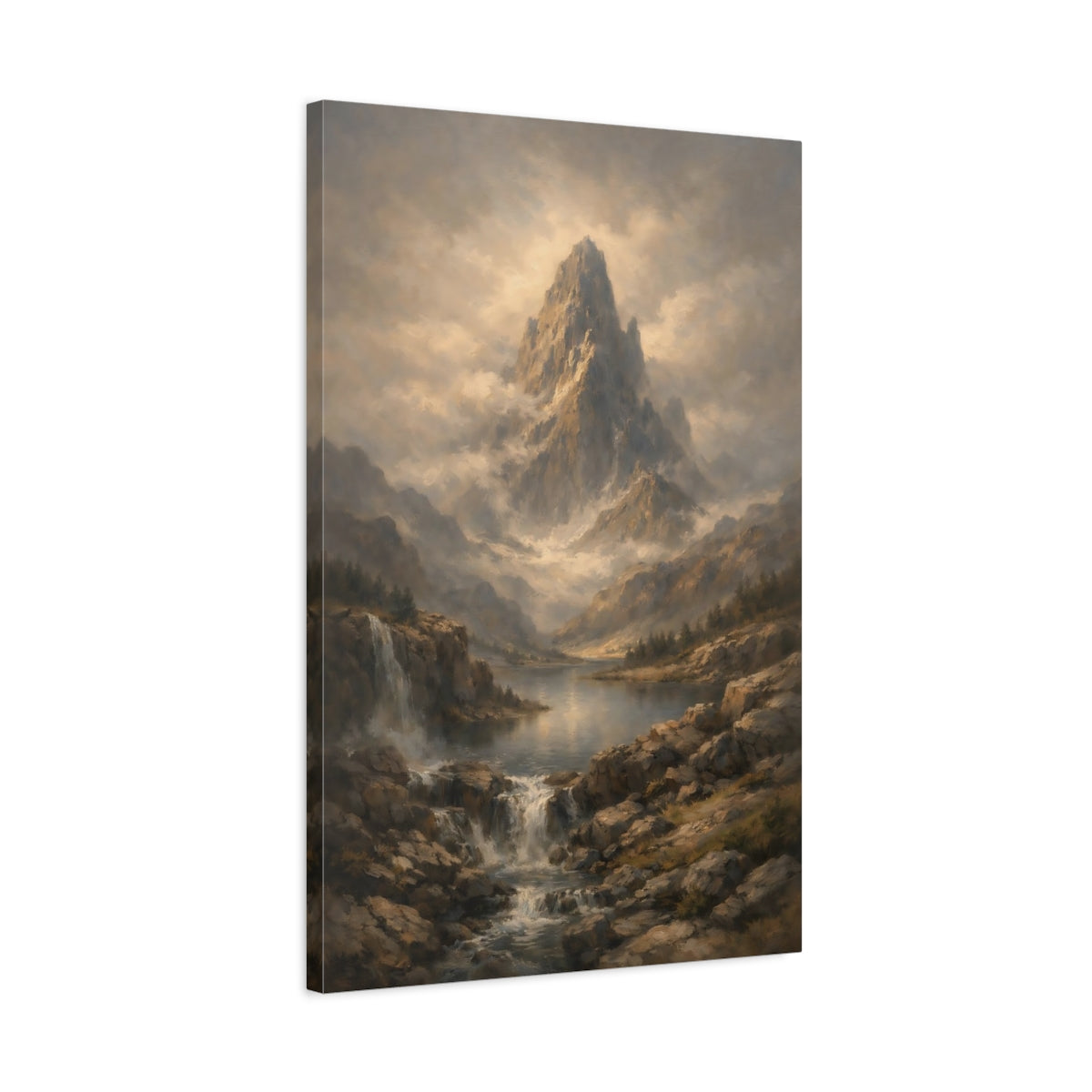 Side Mockup 2. Nature Mountain Peak Misty Mountain Lake shown as stretched canvas wall art