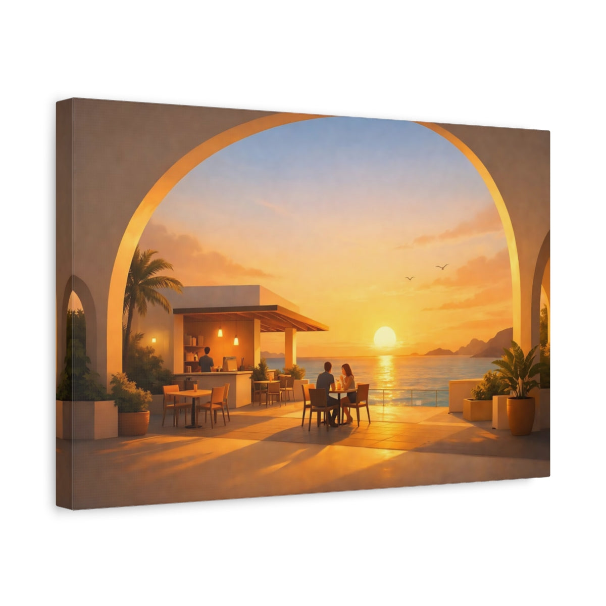 Side Mockup 4. Golden Glow Seaside Cafe Arch shown as stretched canvas wall art
