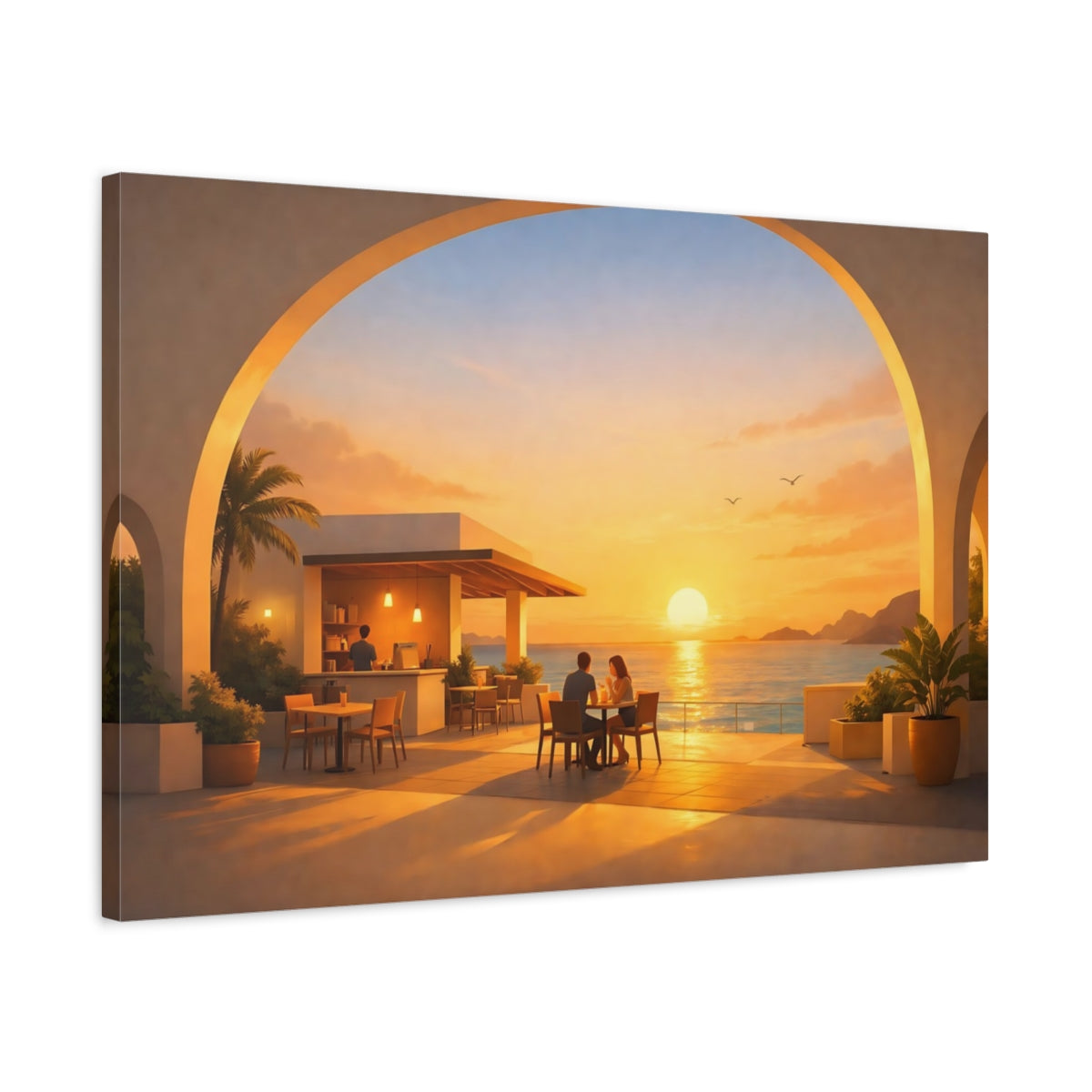 Side Mockup 2. Golden Glow Seaside Cafe Arch shown as stretched canvas wall art