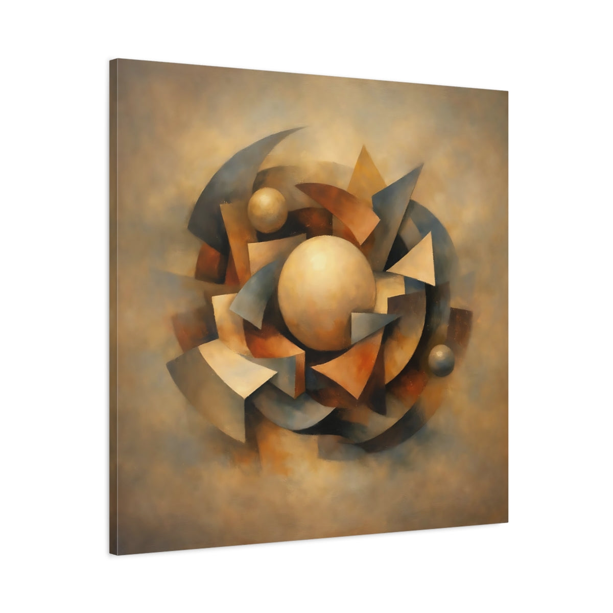 Side Mockup 2. Abstract Geometric Shapes Brown And Gray shown as stretched canvas wall art
