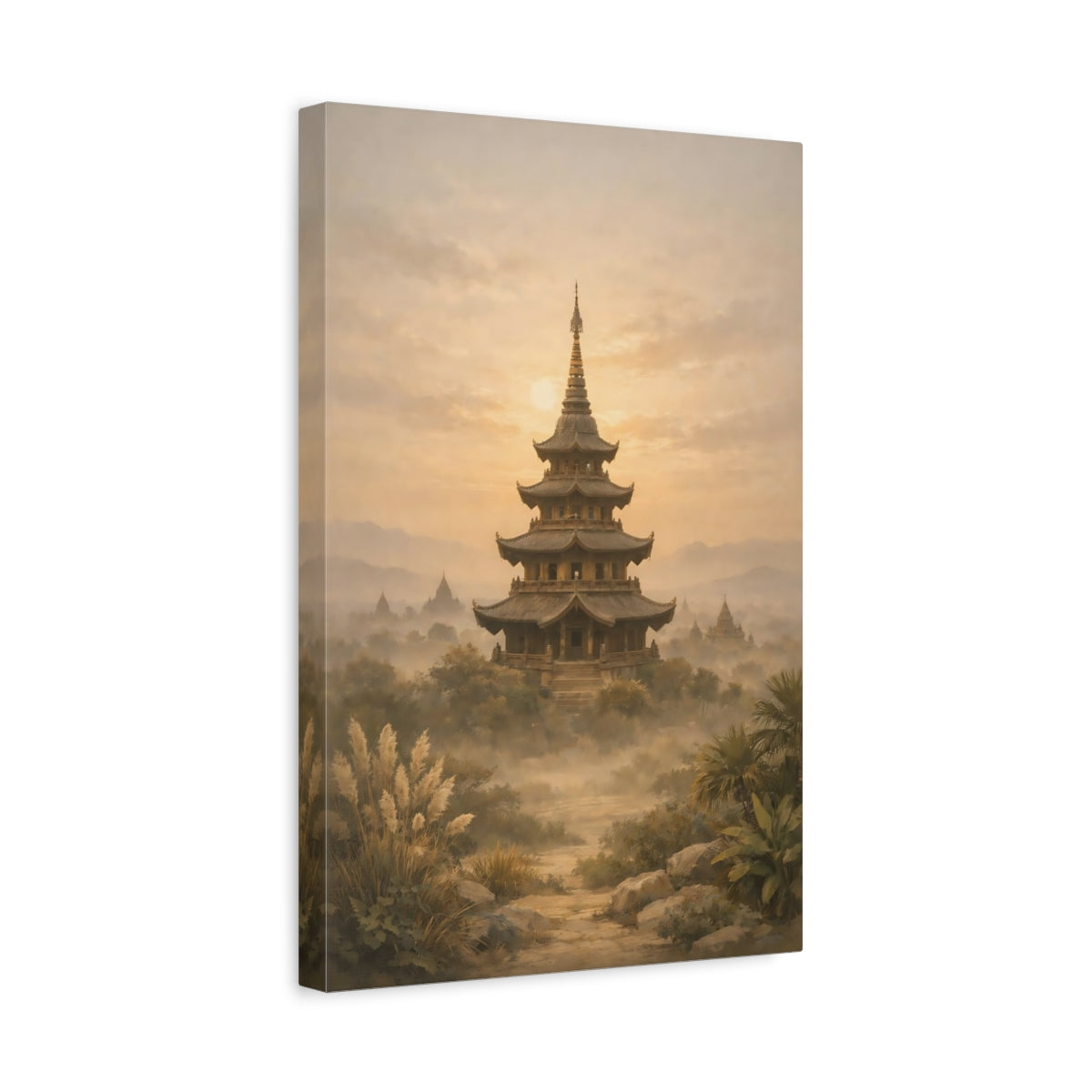 Side Mockup 4. Nature Pagoda Golden Pagoda shown as stretched canvas wall art