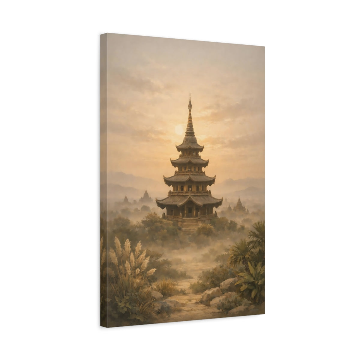 Side Mockup 3. Nature Pagoda Golden Pagoda shown as stretched canvas wall art