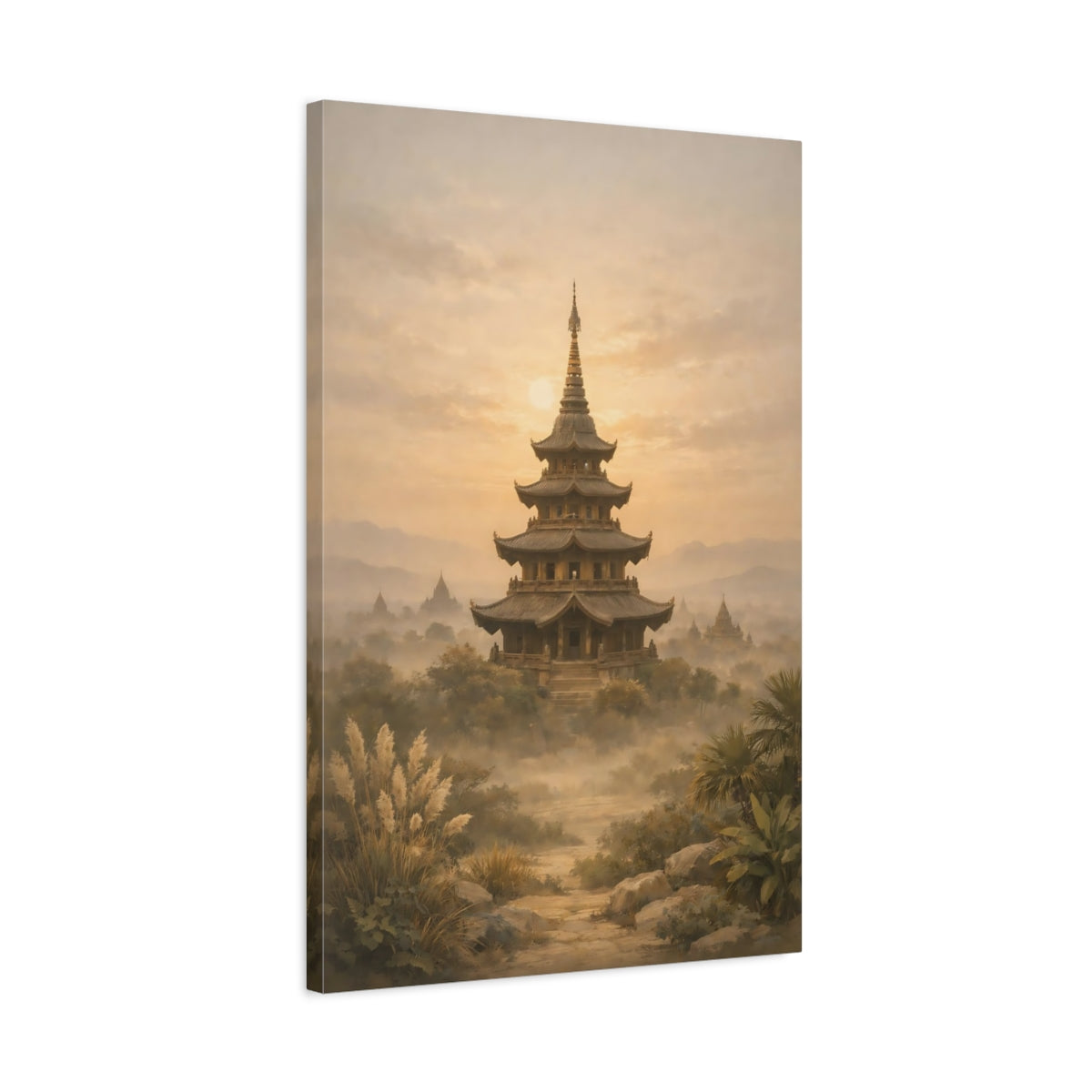 Side Mockup 2. Nature Pagoda Golden Pagoda shown as stretched canvas wall art