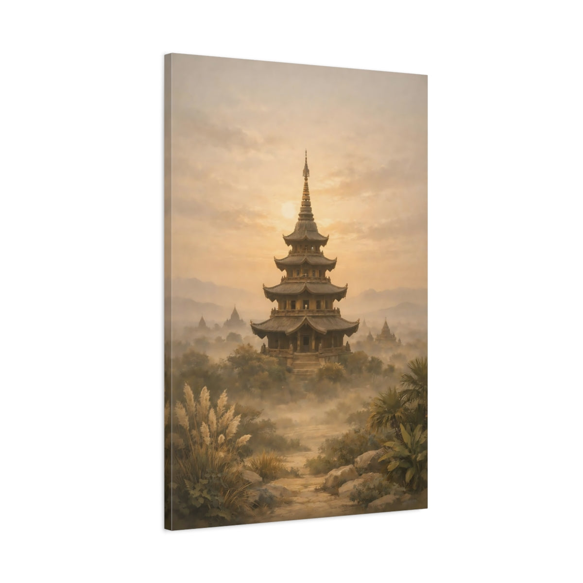 Side Mockup 1. Nature Pagoda Golden Pagoda shown as stretched canvas wall art