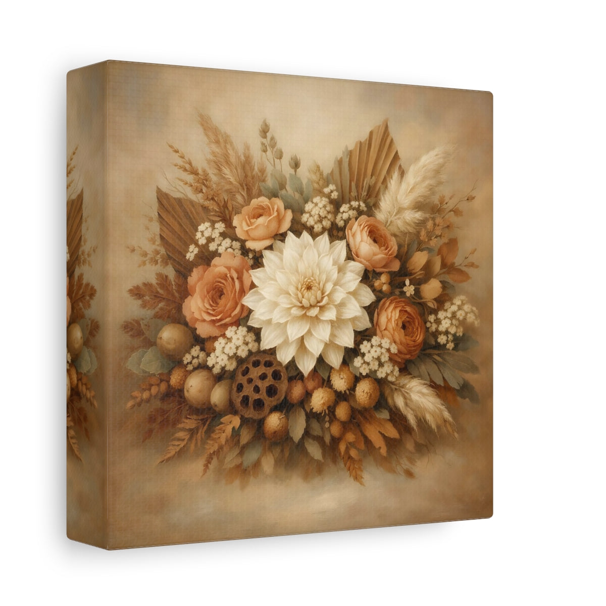 Side Mockup 1. Floral Floral Bouquet Neutral Floral Bouquet shown as stretched canvas wall art