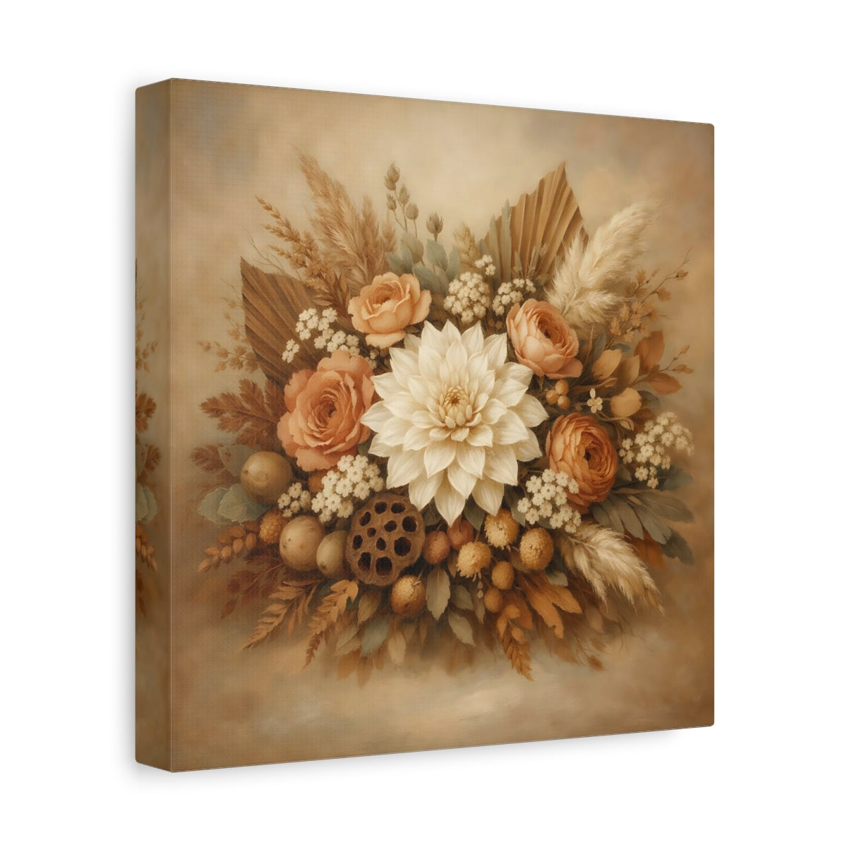 Side Mockup 9. Floral Floral Bouquet Neutral Floral Bouquet shown as stretched canvas wall art