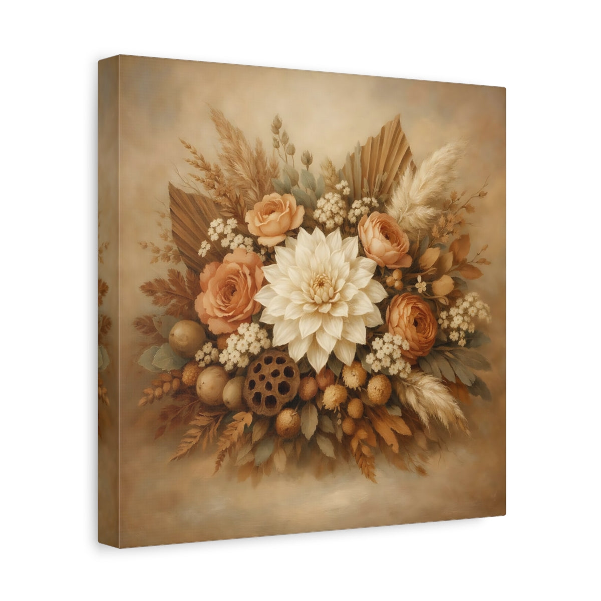 Side Mockup 8. Floral Floral Bouquet Neutral Floral Bouquet shown as stretched canvas wall art