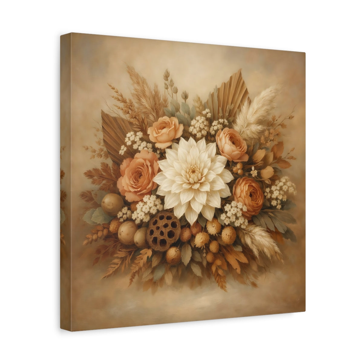 Side Mockup 7. Floral Floral Bouquet Neutral Floral Bouquet shown as stretched canvas wall art