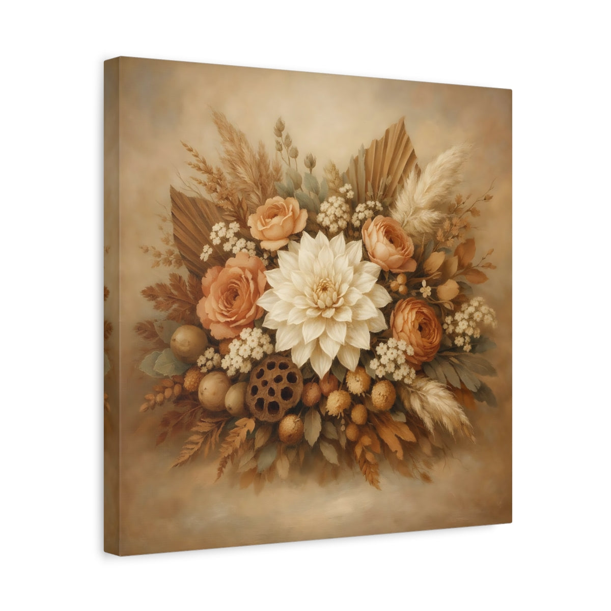 Side Mockup 6. Floral Floral Bouquet Neutral Floral Bouquet shown as stretched canvas wall art