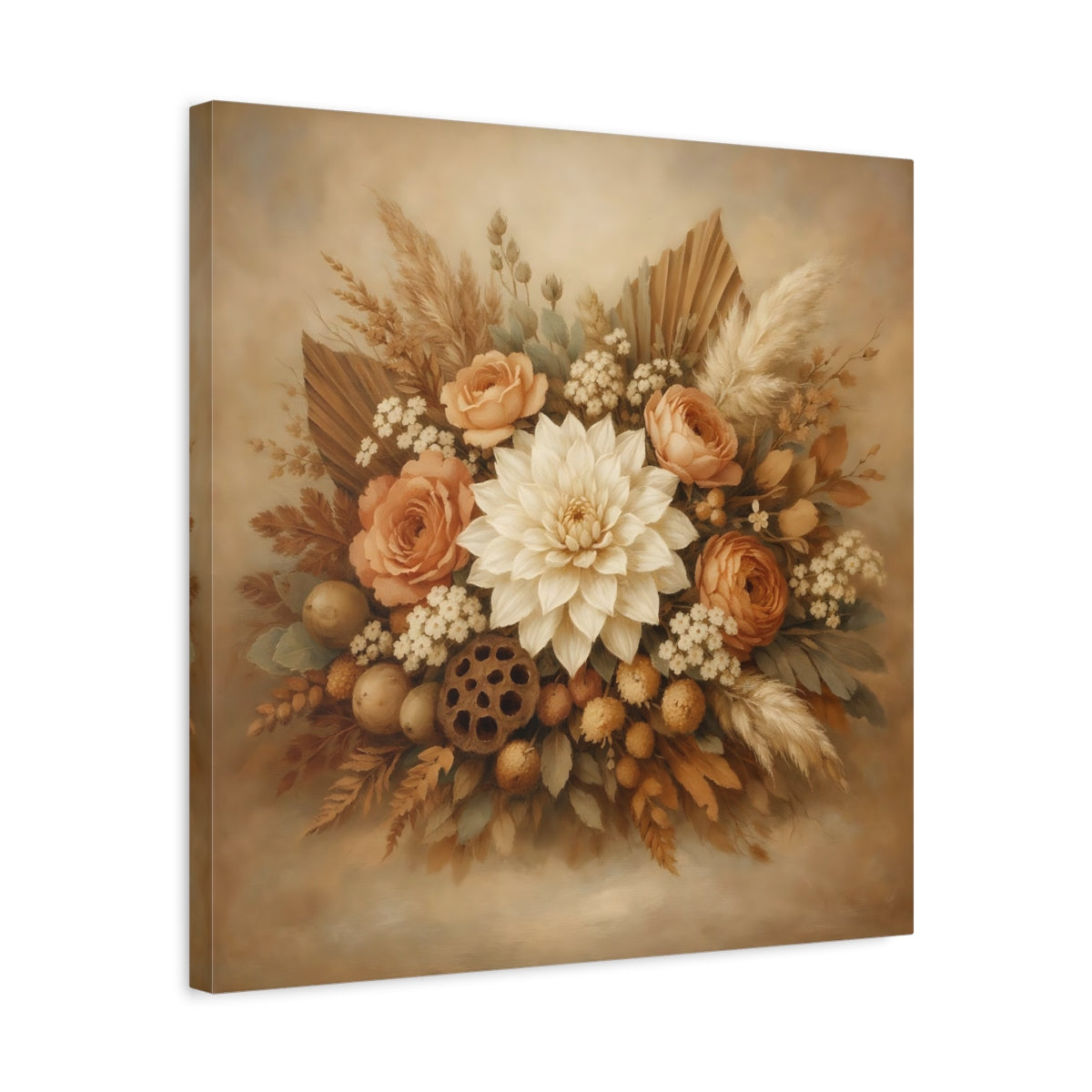 Side Mockup 5. Floral Floral Bouquet Neutral Floral Bouquet shown as stretched canvas wall art