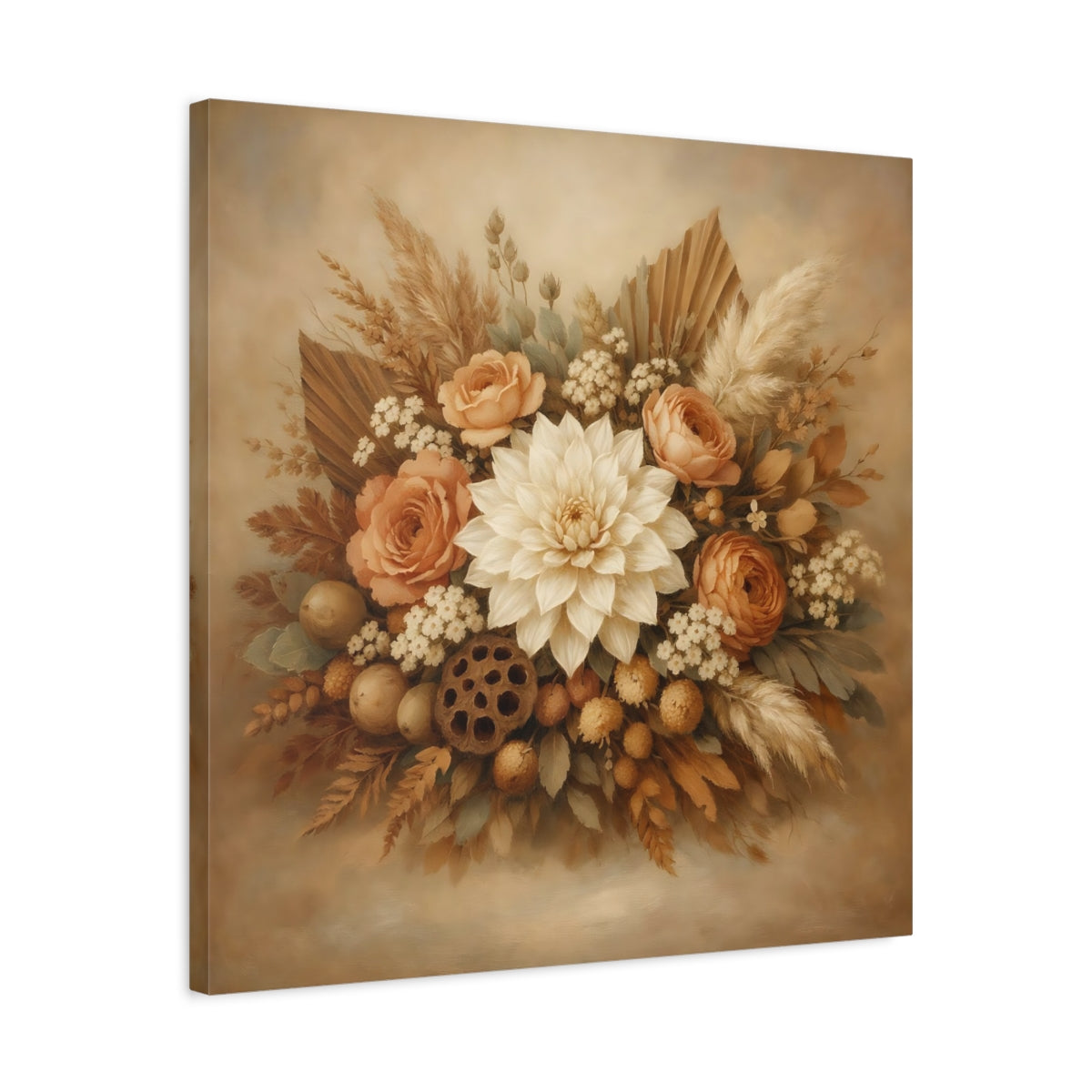 Side Mockup 4. Floral Floral Bouquet Neutral Floral Bouquet shown as stretched canvas wall art