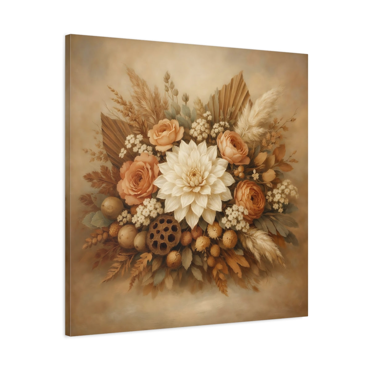 Side Mockup 3. Floral Floral Bouquet Neutral Floral Bouquet shown as stretched canvas wall art