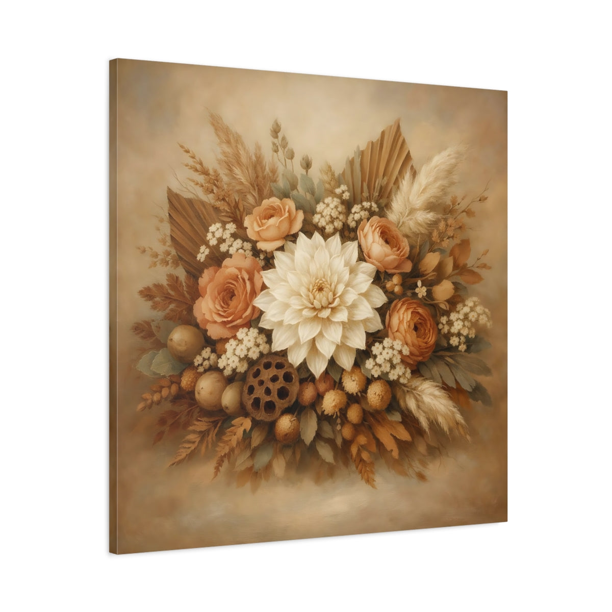 Side Mockup 2. Floral Floral Bouquet Neutral Floral Bouquet shown as stretched canvas wall art