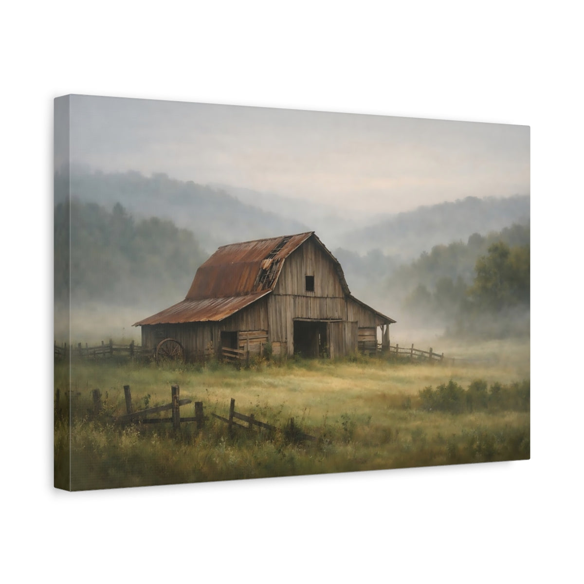 Mist Depth Old Barn Rustic Nature - Canvas Wall Art Print