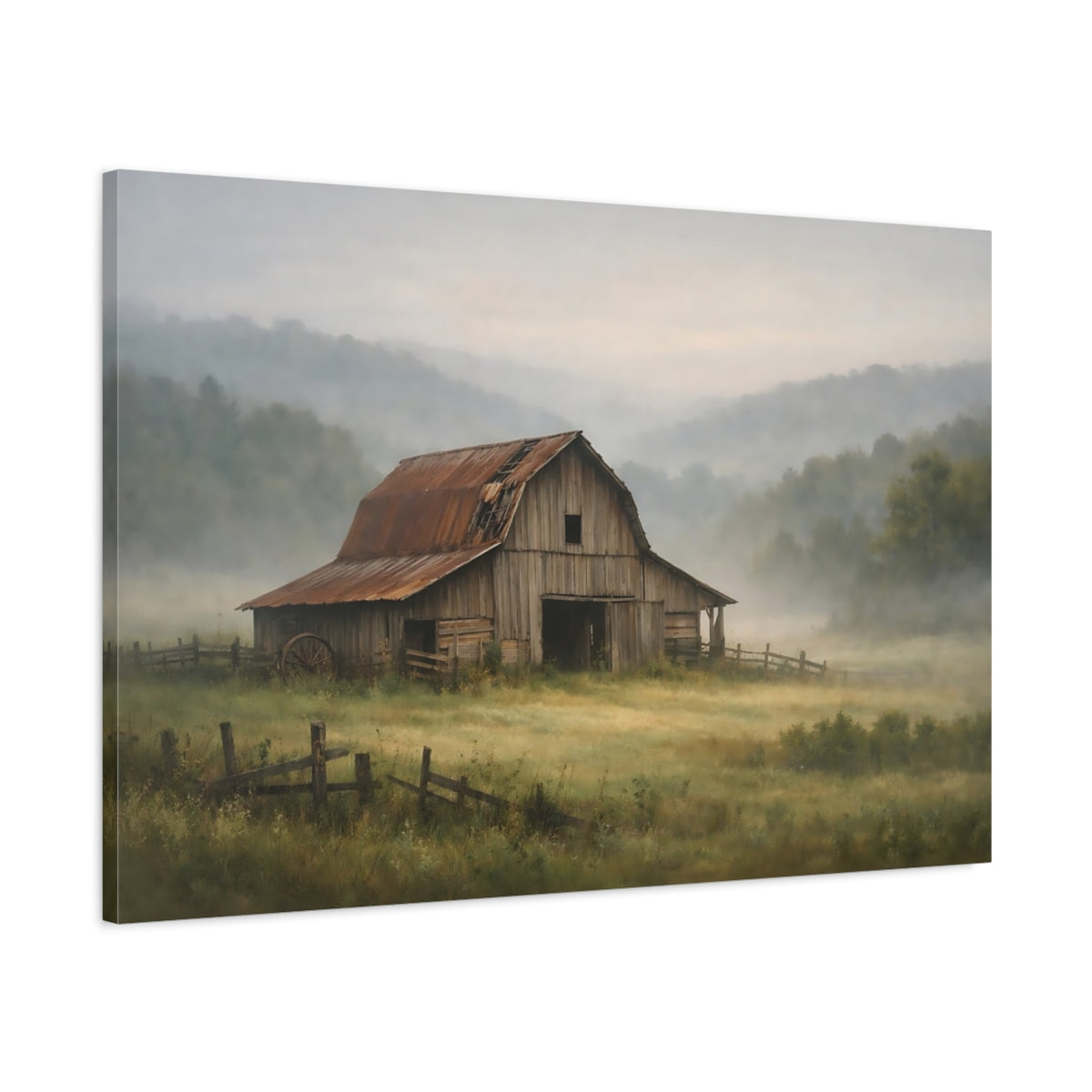 Mist Depth Old Barn Rustic Nature - Canvas Wall Art Print