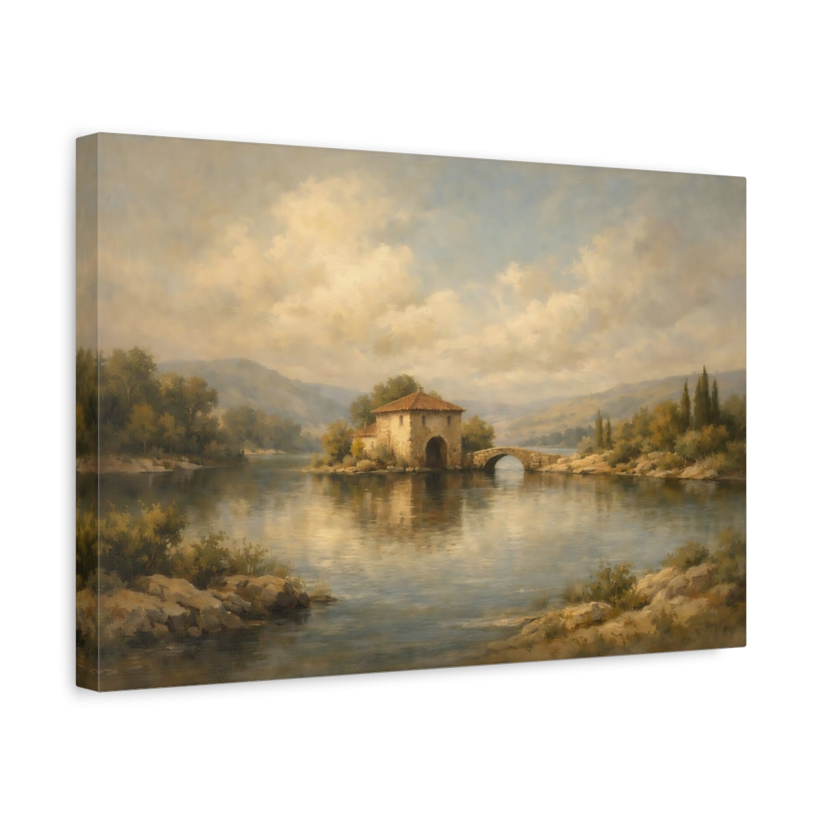 Side Mockup 4. Nature Lake House Muted Landscape shown as stretched canvas wall art