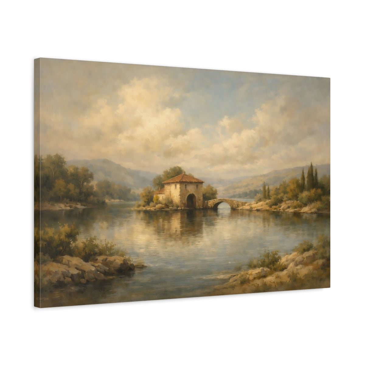 Side Mockup 2. Nature Lake House Muted Landscape shown as stretched canvas wall art