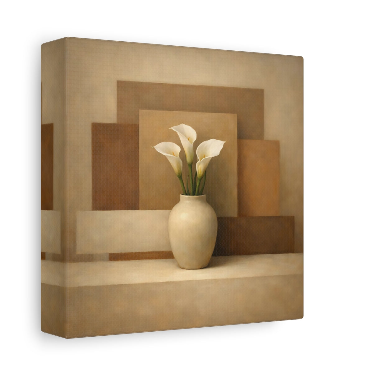 Side Mockup 1. Floral Calla Lilies Brown And Beige Calla Lilies shown as stretched canvas wall art