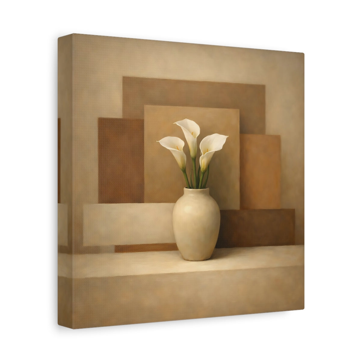 Side Mockup 9. Floral Calla Lilies Brown And Beige Calla Lilies shown as stretched canvas wall art