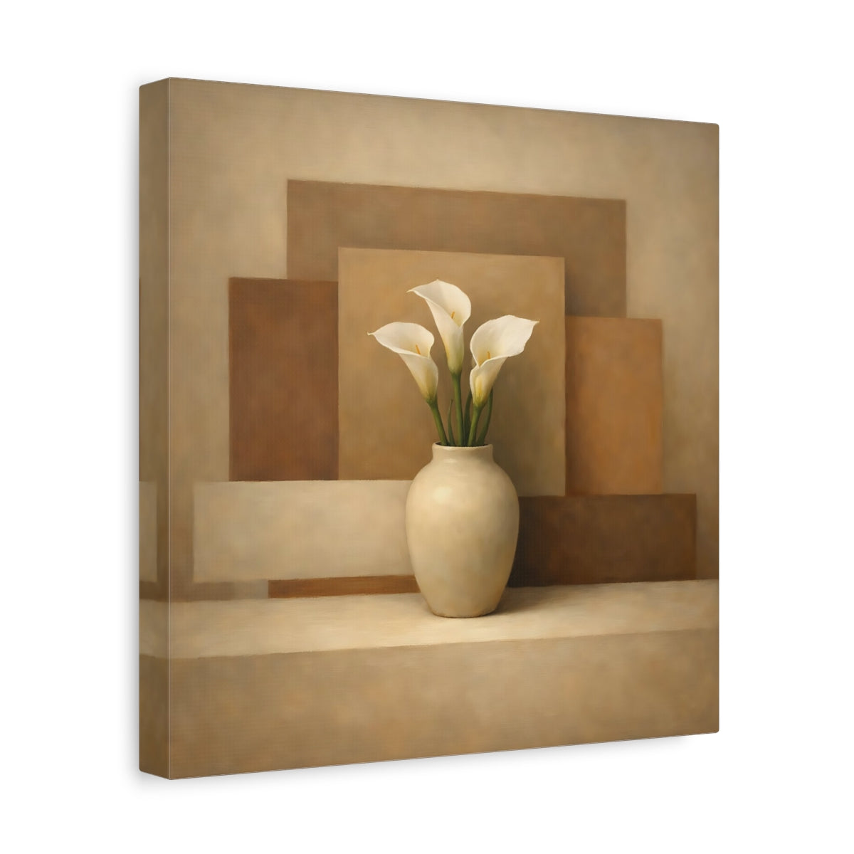 Side Mockup 8. Floral Calla Lilies Brown And Beige Calla Lilies shown as stretched canvas wall art