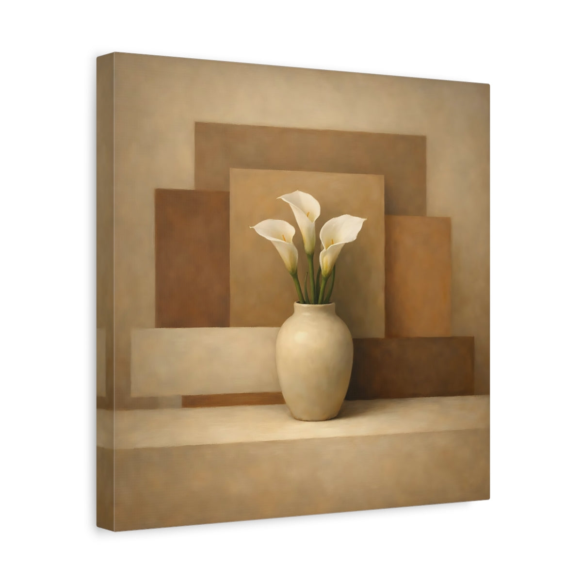 Side Mockup 7. Floral Calla Lilies Brown And Beige Calla Lilies shown as stretched canvas wall art