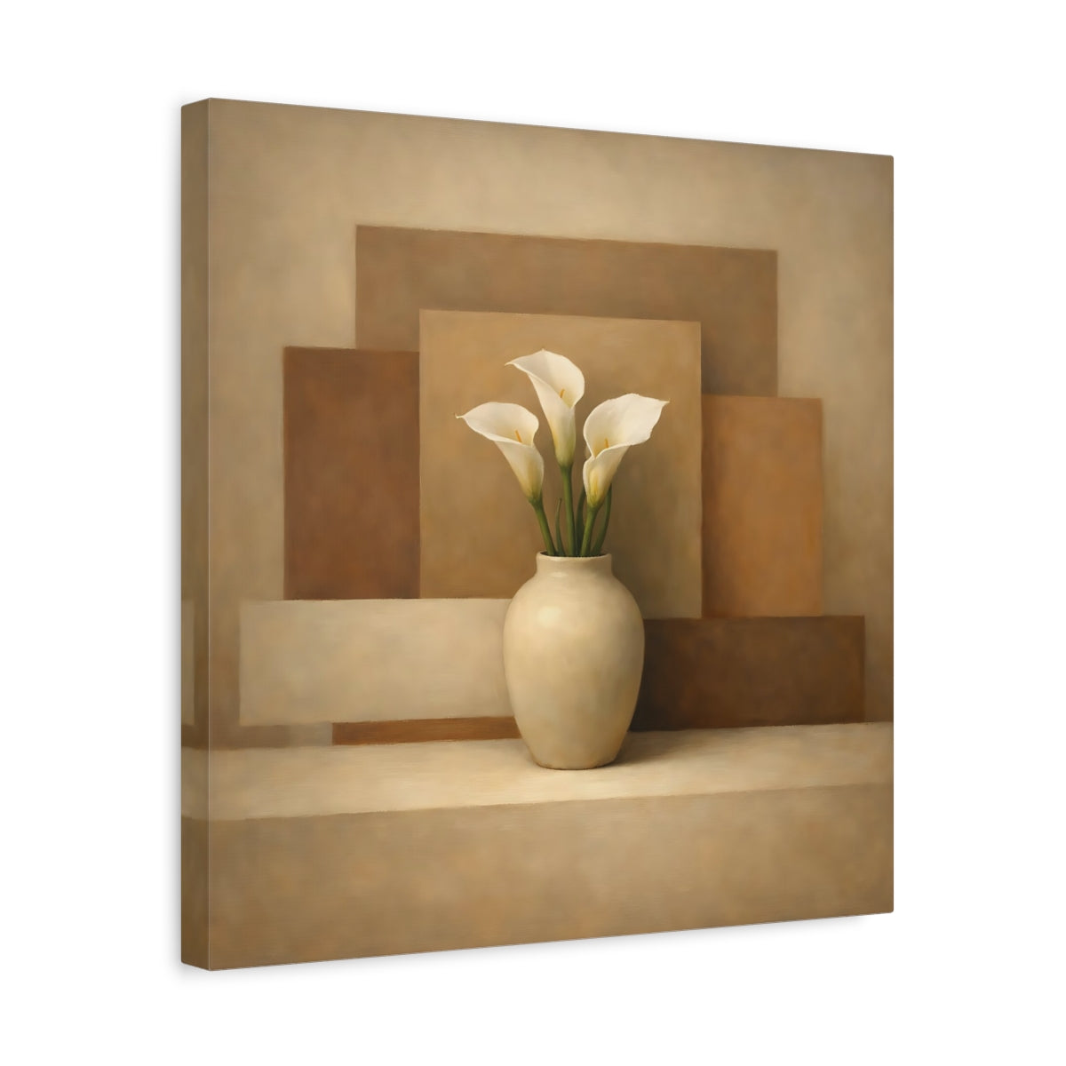 Side Mockup 6. Floral Calla Lilies Brown And Beige Calla Lilies shown as stretched canvas wall art