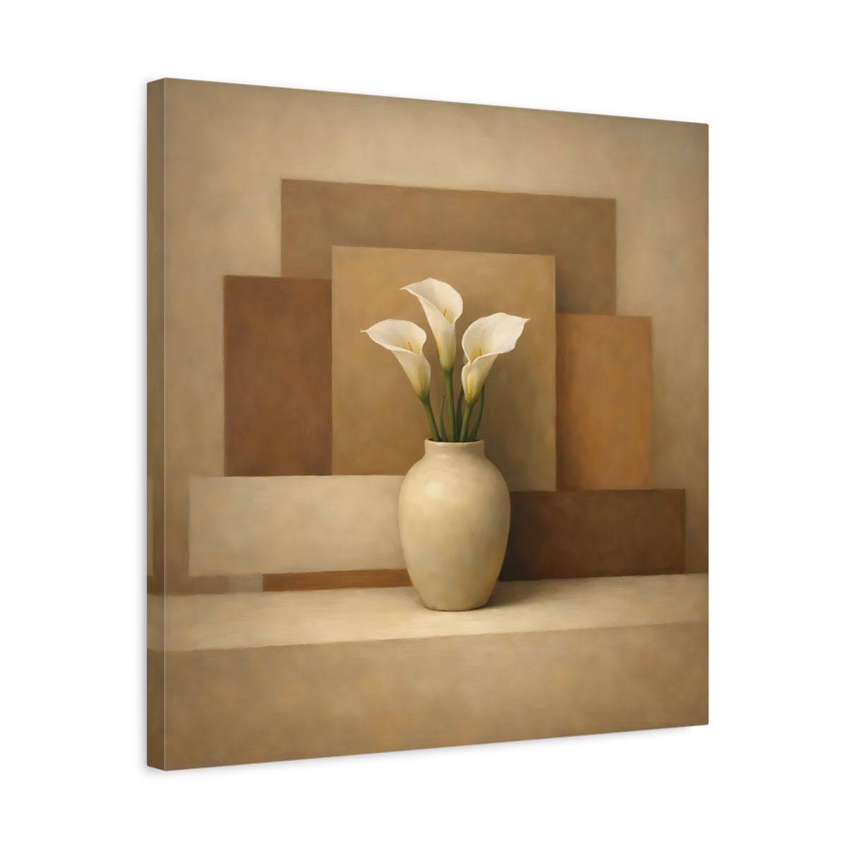 Side Mockup 5. Floral Calla Lilies Brown And Beige Calla Lilies shown as stretched canvas wall art