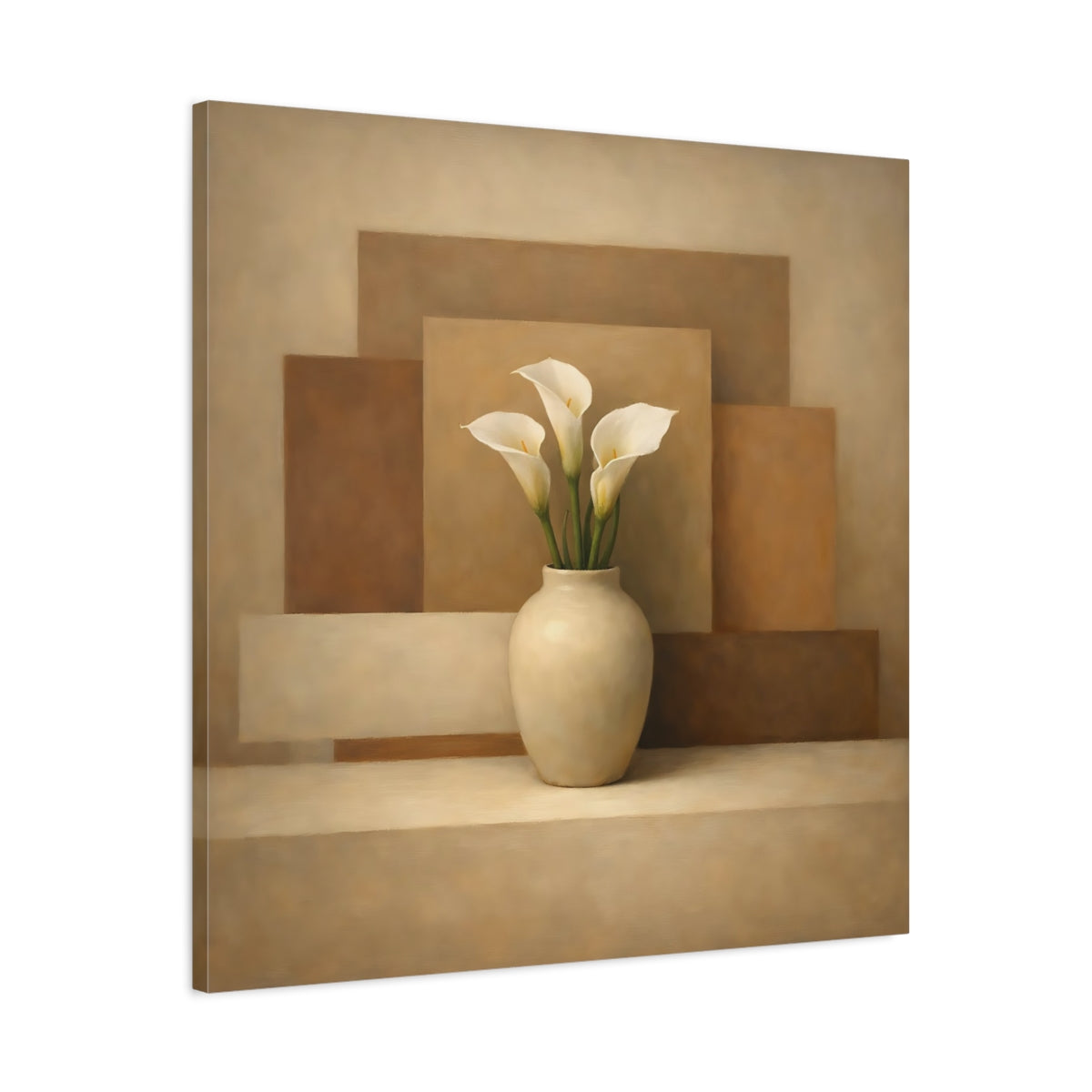 Side Mockup 3. Floral Calla Lilies Brown And Beige Calla Lilies shown as stretched canvas wall art