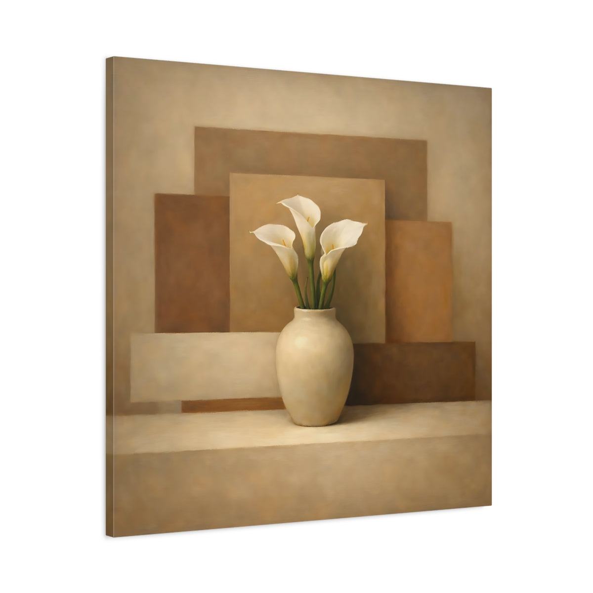 Side Mockup 2. Floral Calla Lilies Brown And Beige Calla Lilies shown as stretched canvas wall art