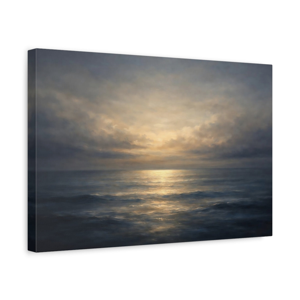 Side Mockup 4. Soft Abstract Sea Horizon Dark Split shown as stretched canvas wall art