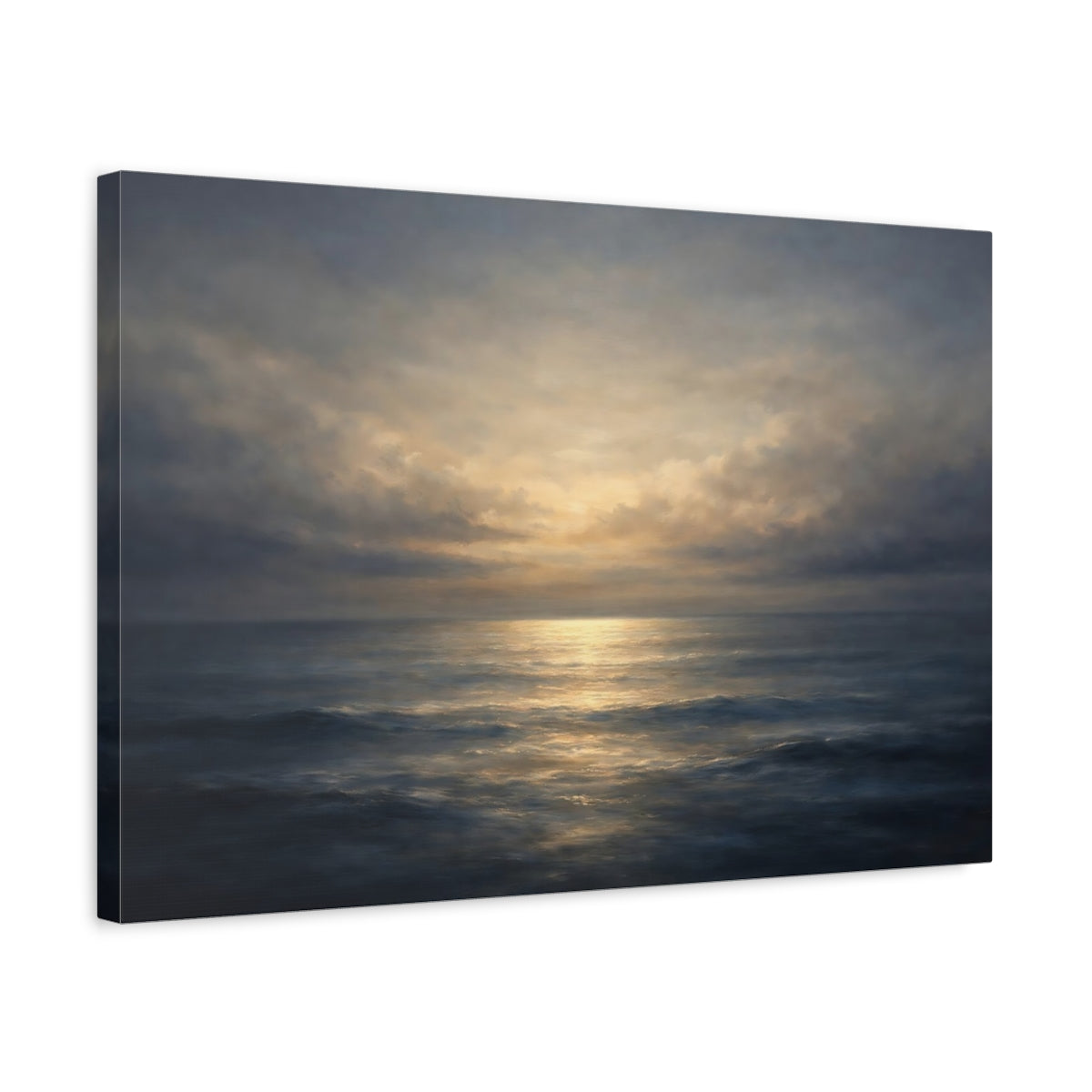 Side Mockup 3. Soft Abstract Sea Horizon Dark Split shown as stretched canvas wall art