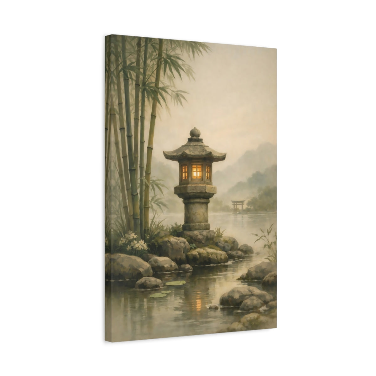 Side Mockup 3. Nature Stone Lantern Misty Japanese Garden shown as stretched canvas wall art