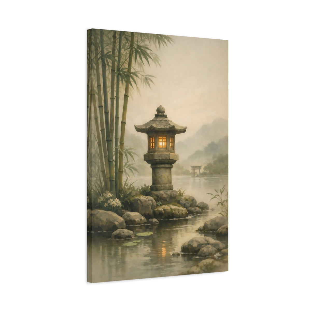 Side Mockup 2. Nature Stone Lantern Misty Japanese Garden shown as stretched canvas wall art