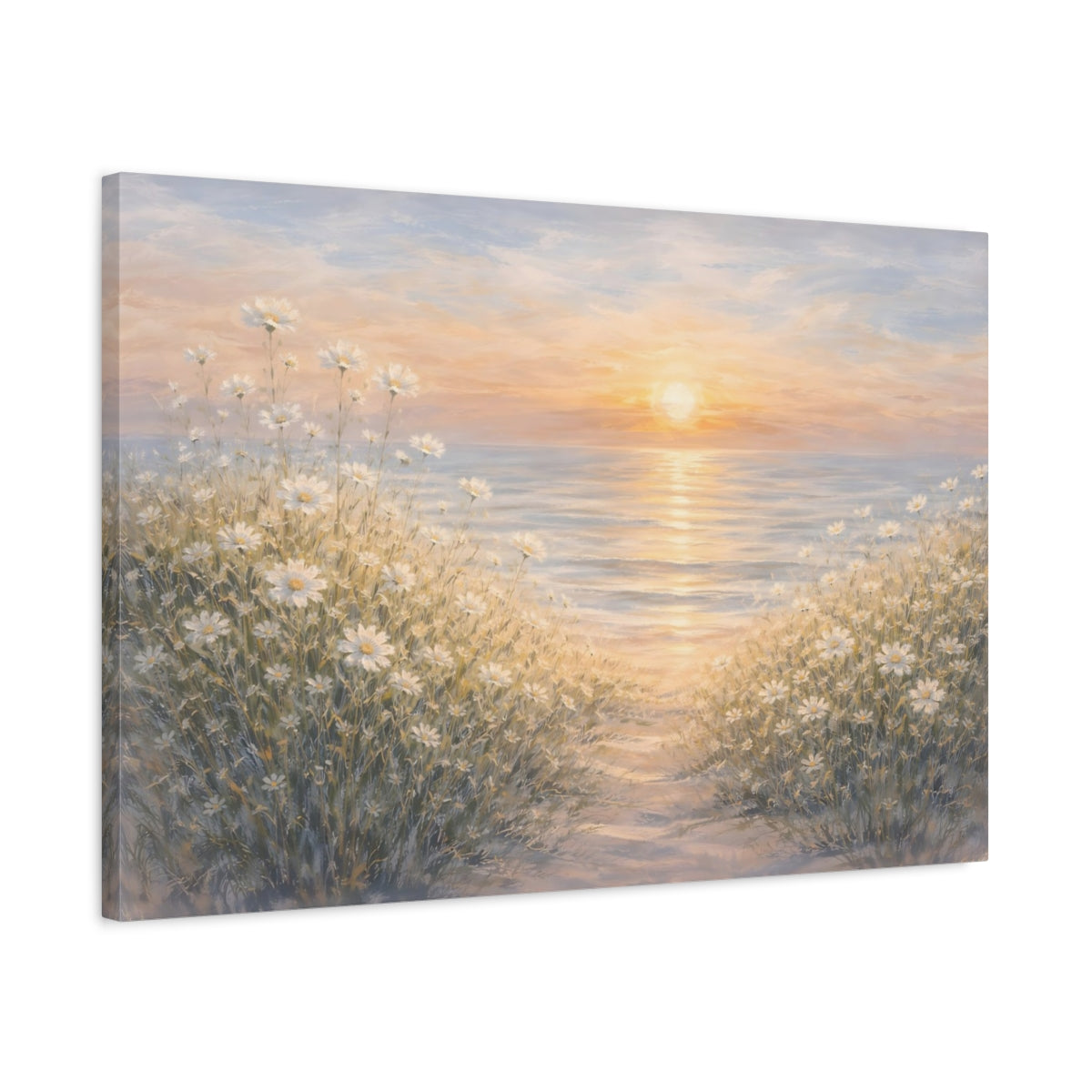 Nature Daisies Ocean Sunset - Canvas Wall Art Print