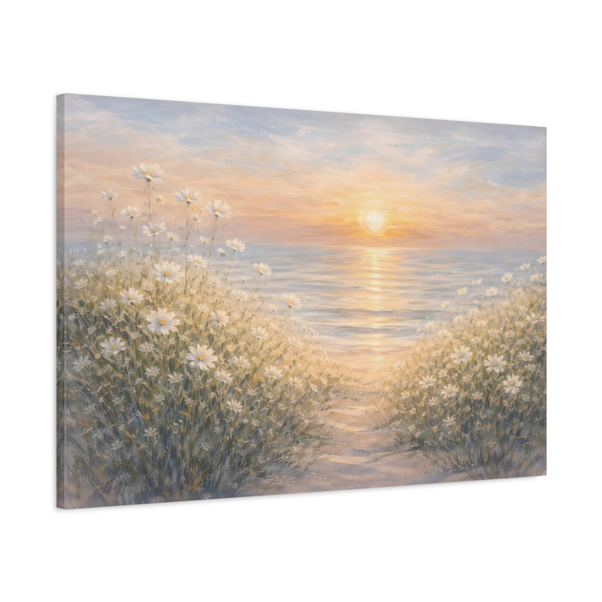 Nature Daisies Ocean Sunset - Canvas Wall Art Print