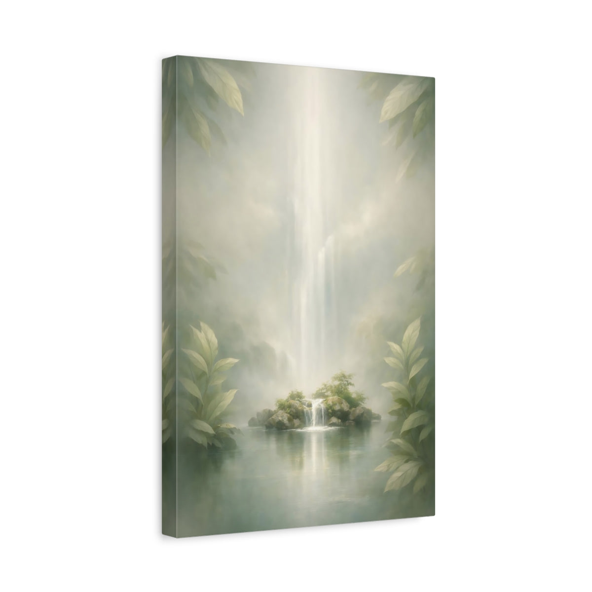 Side Mockup 4. Nature Island Waterfall Misty Green shown as stretched canvas wall art