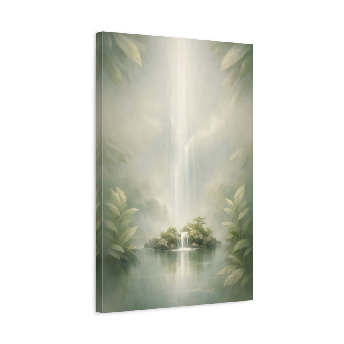 Side Mockup 3. Nature Island Waterfall Misty Green shown as stretched canvas wall art