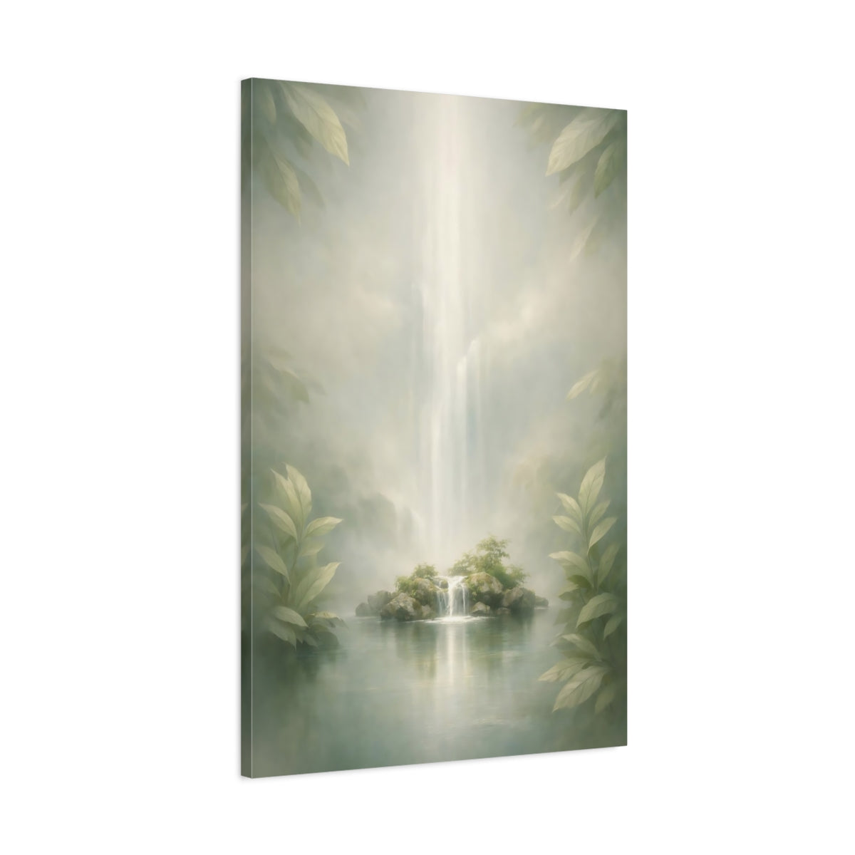 Side Mockup 1. Nature Island Waterfall Misty Green shown as stretched canvas wall art