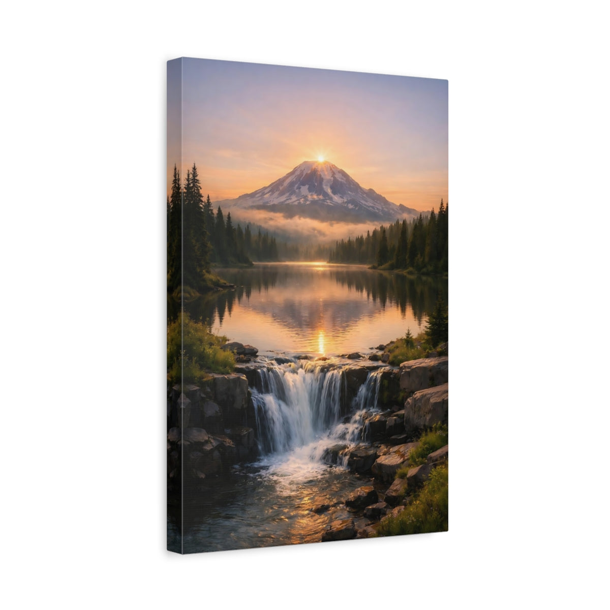 Side Mockup 4. Nature Mountain Lake Orange And Green shown as stretched canvas wall art