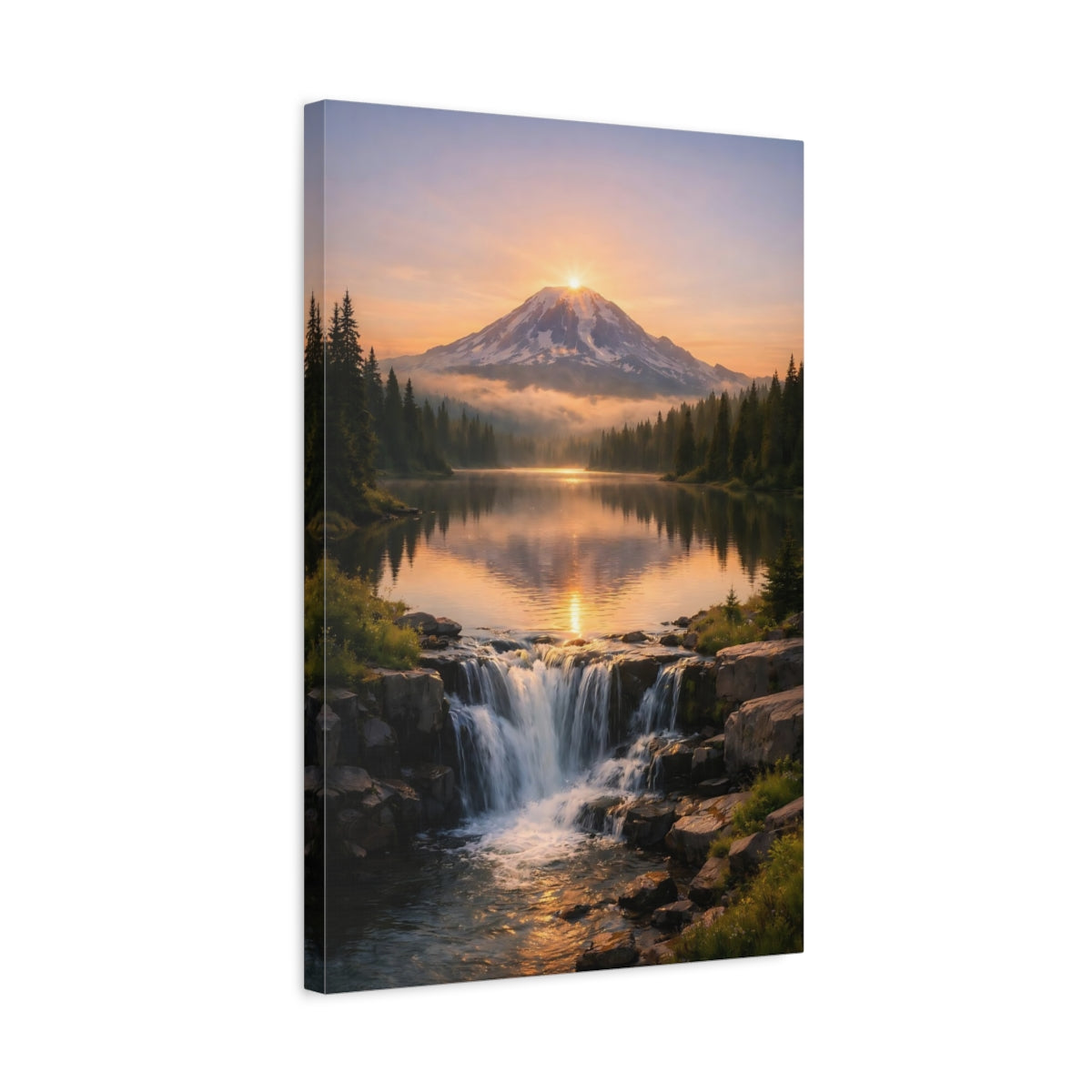 Side Mockup 3. Nature Mountain Lake Orange And Green shown as stretched canvas wall art