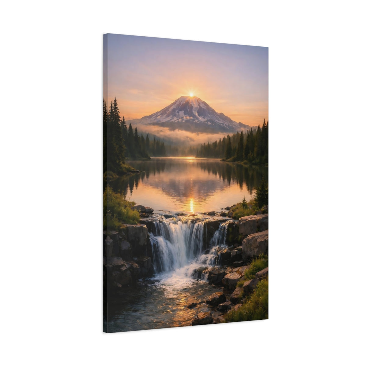 Side Mockup 1. Nature Mountain Lake Orange And Green shown as stretched canvas wall art