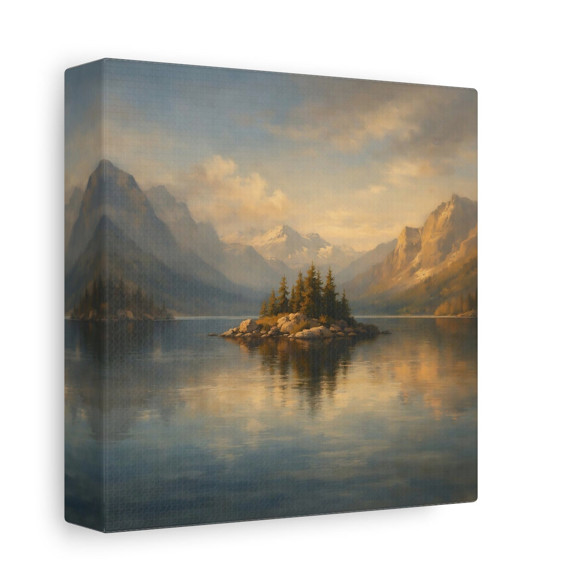 Side Mockup 1. Nature Mountain Lake Blue And Gold Landscape shown as stretched canvas wall art