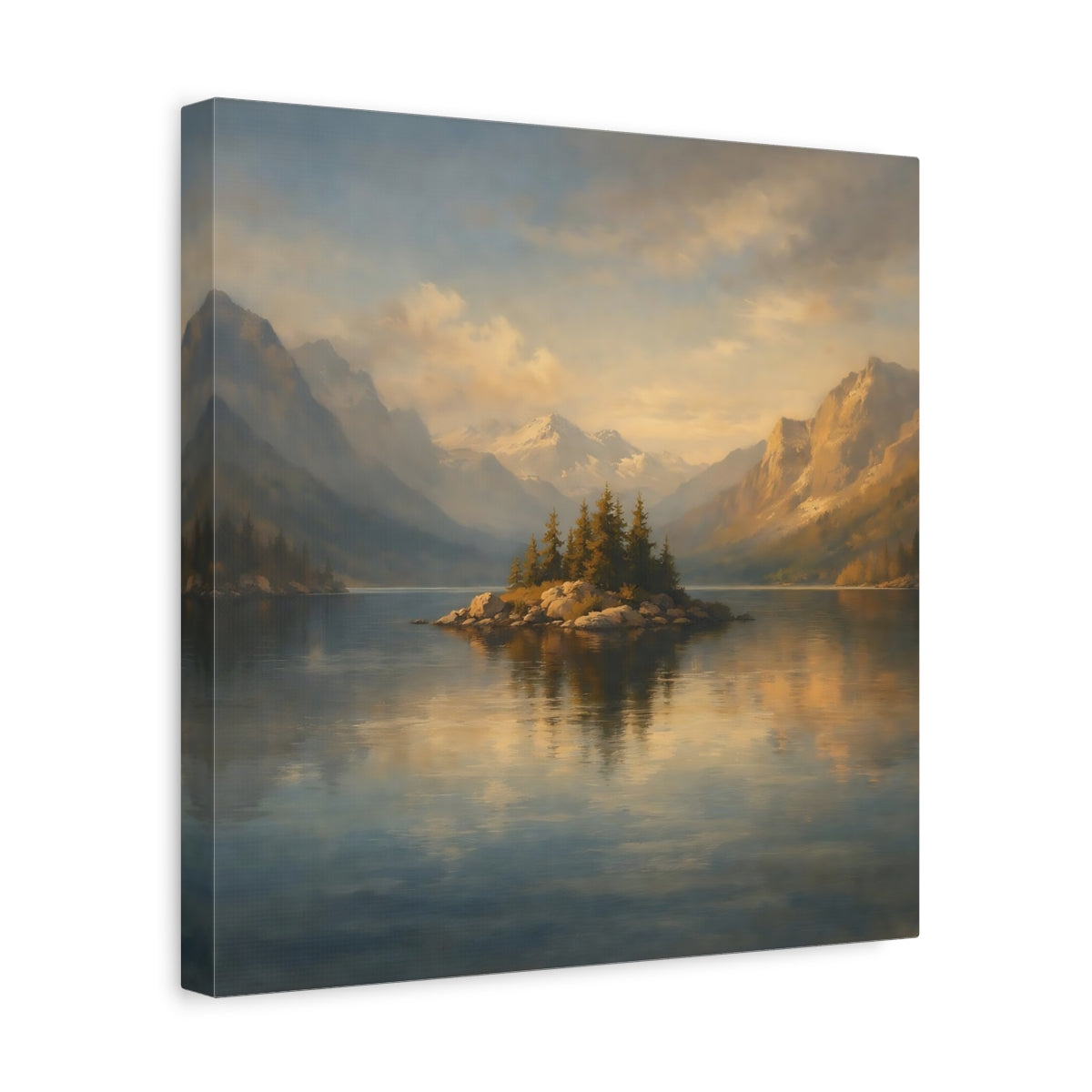 Side Mockup 7. Nature Mountain Lake Blue And Gold Landscape shown as stretched canvas wall art
