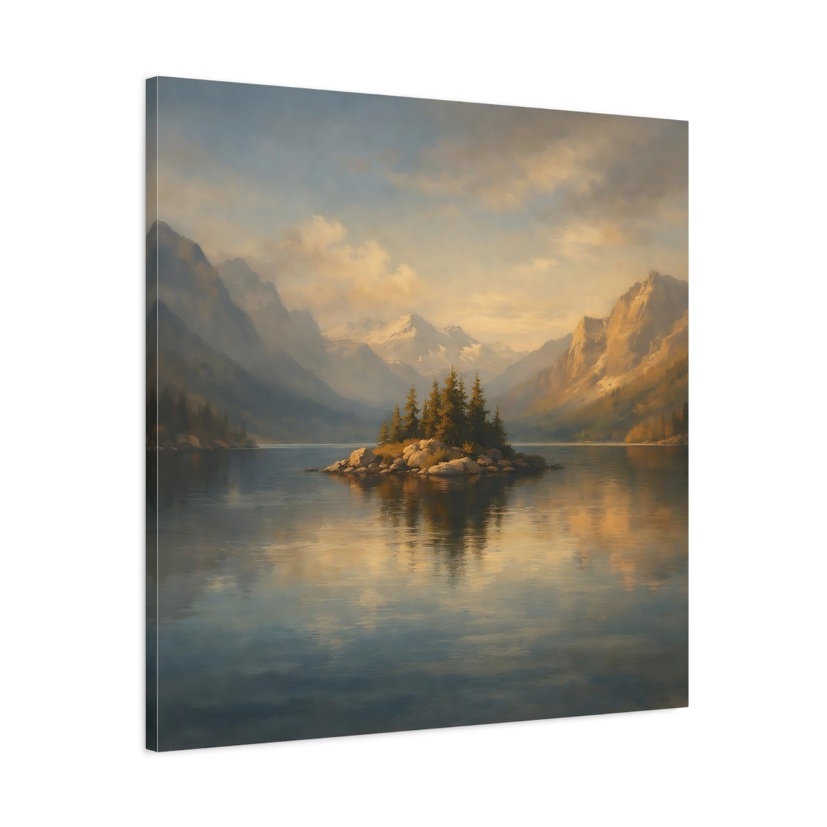 Side Mockup 3. Nature Mountain Lake Blue And Gold Landscape shown as stretched canvas wall art