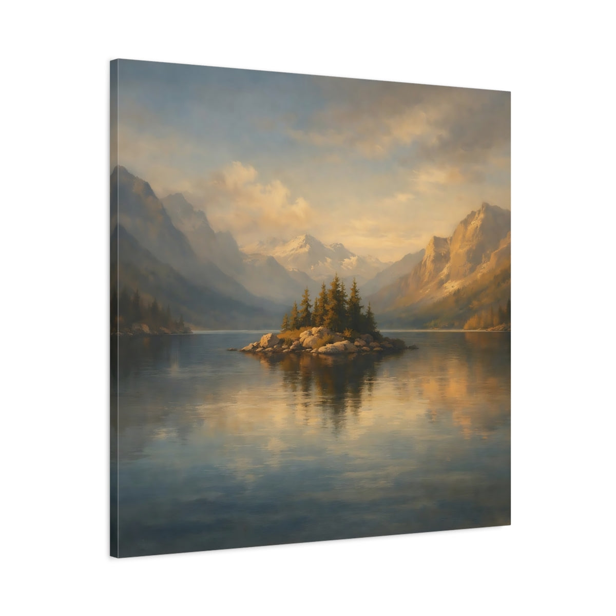 Side Mockup 2. Nature Mountain Lake Blue And Gold Landscape shown as stretched canvas wall art