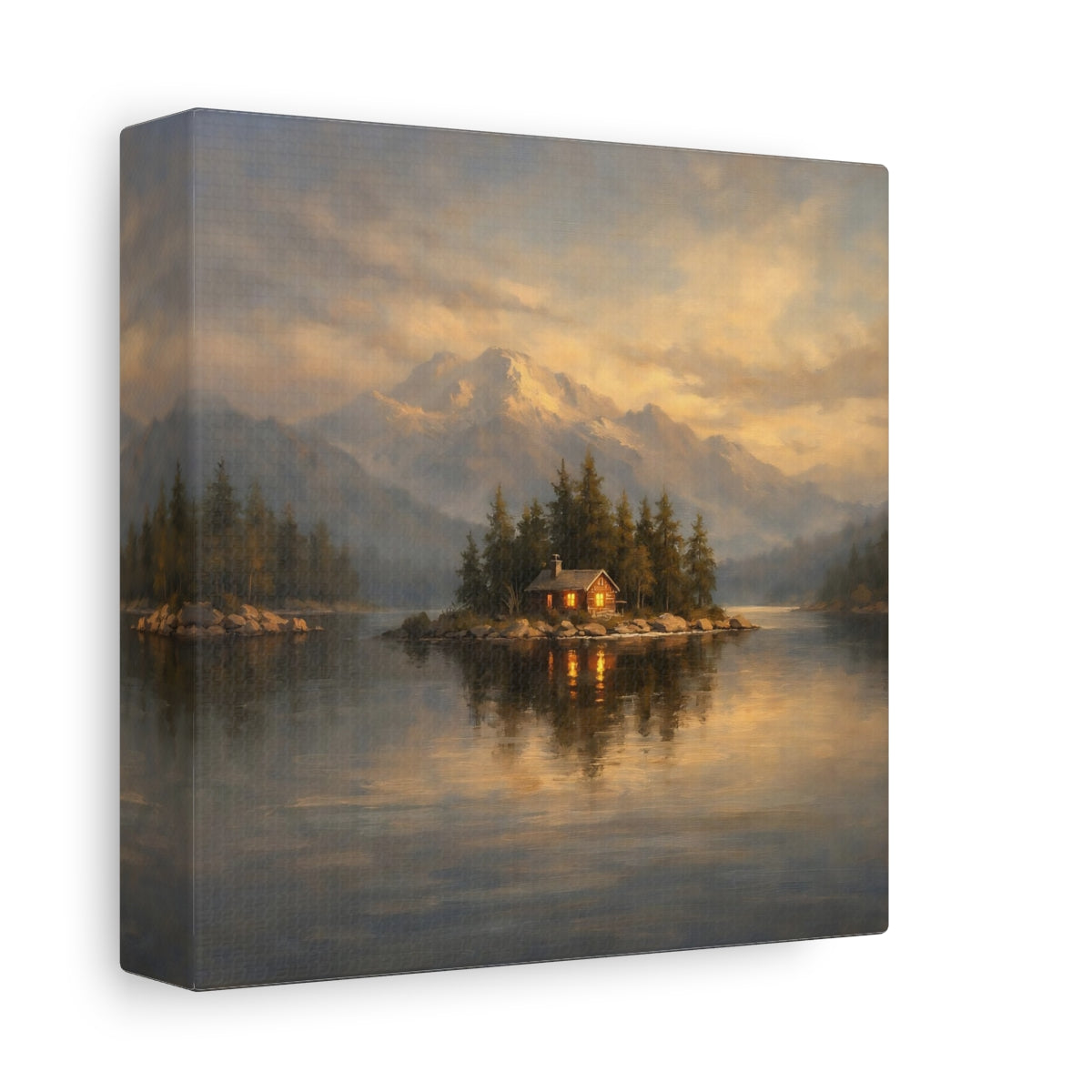 Side Mockup 1. Nature Island Cabin Mountain Lake Cabin shown as stretched canvas wall art