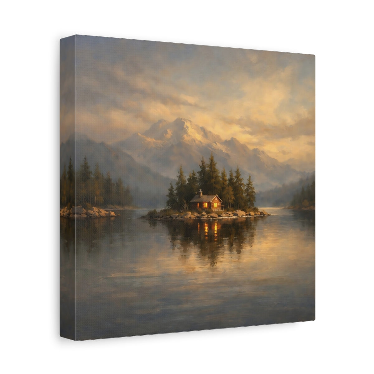 Side Mockup 9. Nature Island Cabin Mountain Lake Cabin shown as stretched canvas wall art